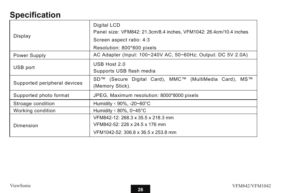 Specification | VIEWSONIC VS13442 User Manual | Page 31 / 37