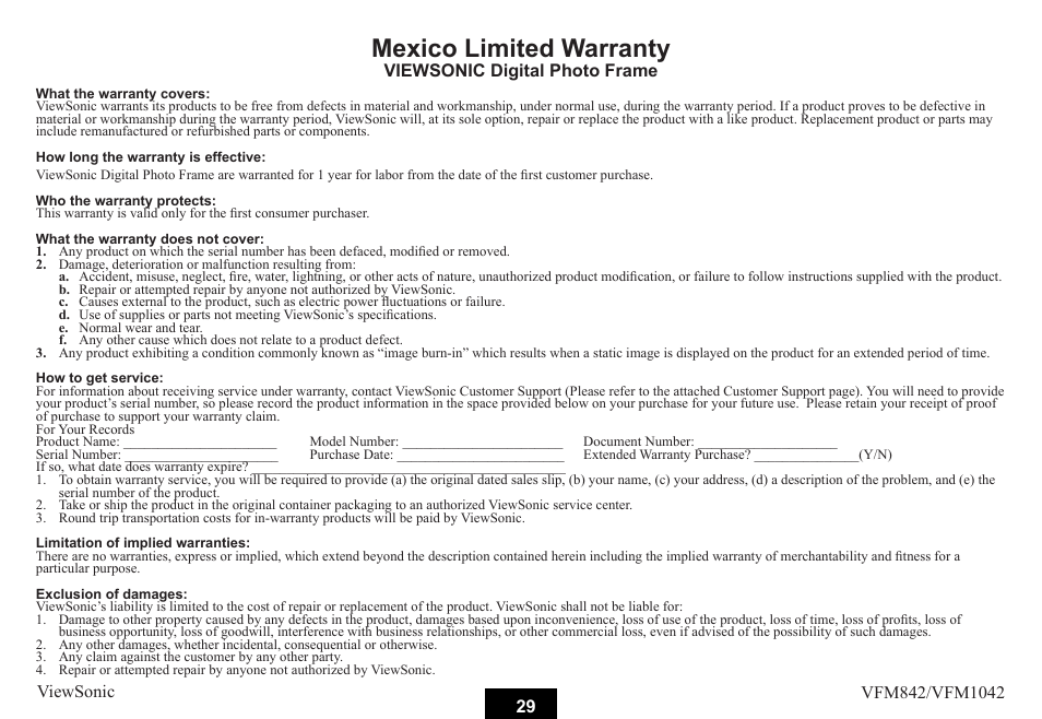 Mexico limited warranty | VIEWSONIC VS13442 User Manual | Page 34 / 37