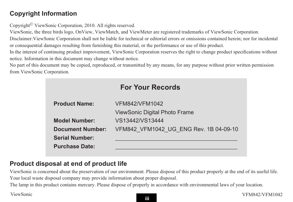 For your records | VIEWSONIC VS13442 User Manual | Page 4 / 37
