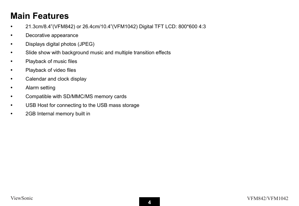 Main features | VIEWSONIC VS13442 User Manual | Page 9 / 37