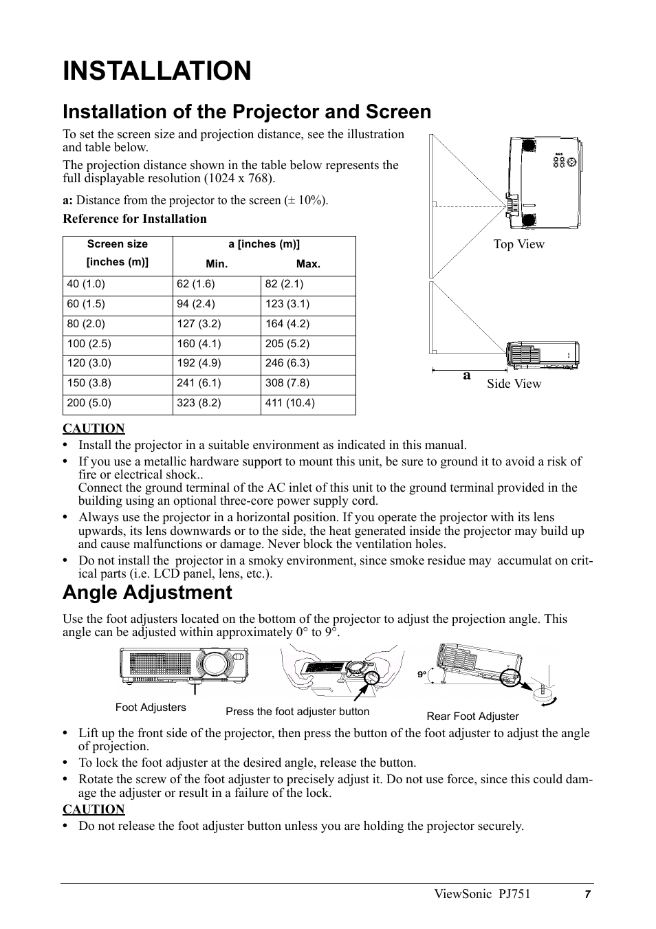 Installation, Installation of the projector and screen, Screen size | Inches (m), A [inches (m), Angle adjustment | VIEWSONIC PJ751 User Manual | Page 10 / 44