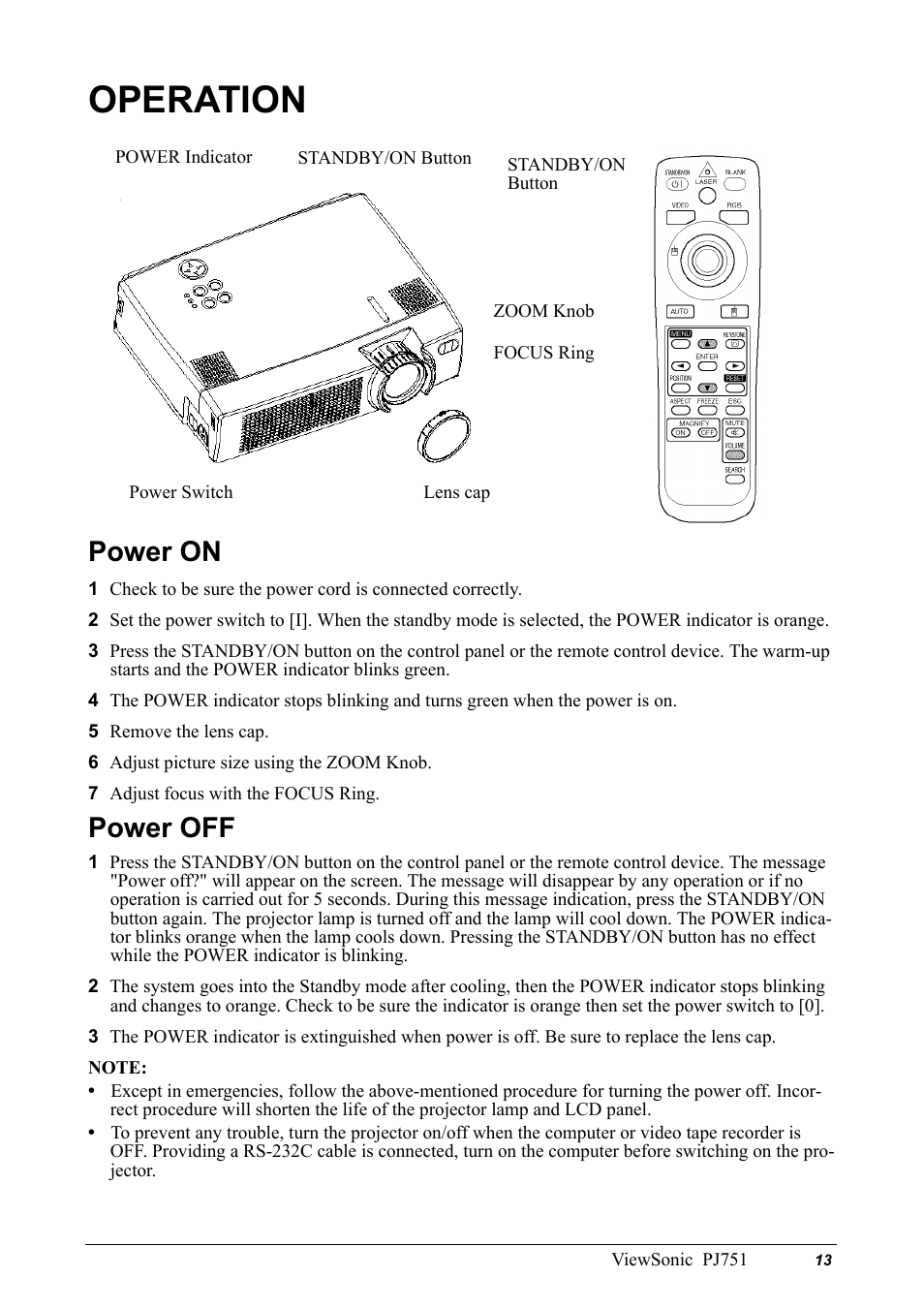 Operation, Power on, 5 remove the lens cap | 6 adjust picture size using the zoom knob, 7 adjust focus with the focus ring, Power off | VIEWSONIC PJ751 User Manual | Page 16 / 44