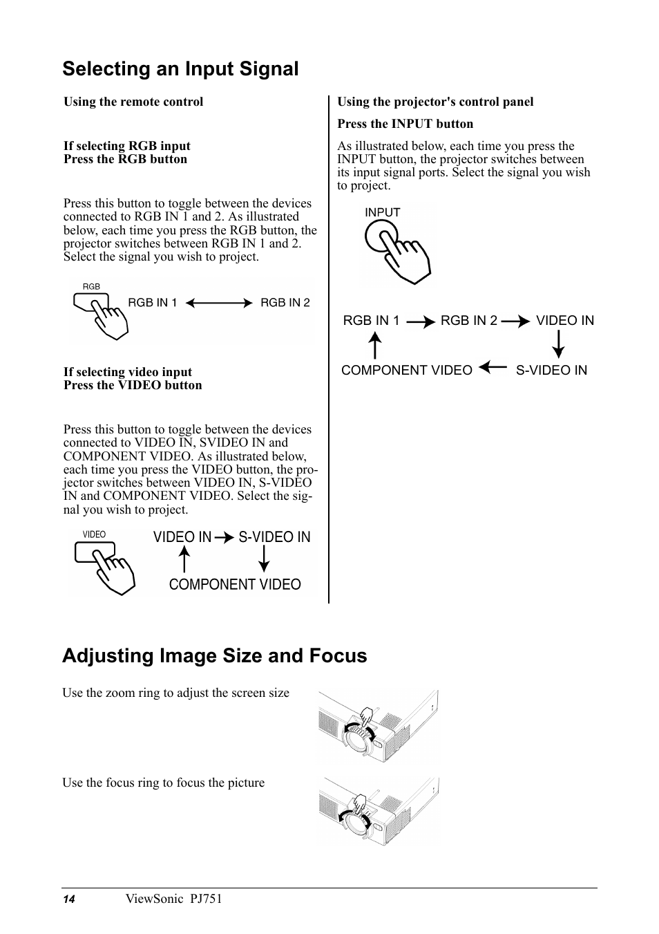 Selecting an input signal, Adjusting image size and focus | VIEWSONIC PJ751 User Manual | Page 17 / 44