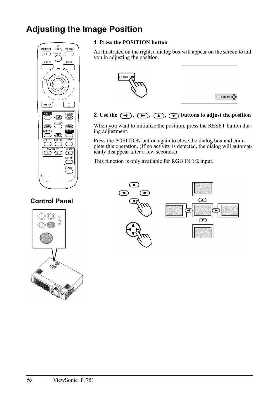 Adjusting the image position | VIEWSONIC PJ751 User Manual | Page 19 / 44