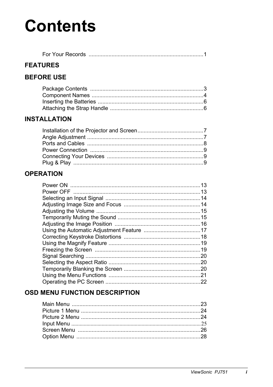 VIEWSONIC PJ751 User Manual | Page 2 / 44