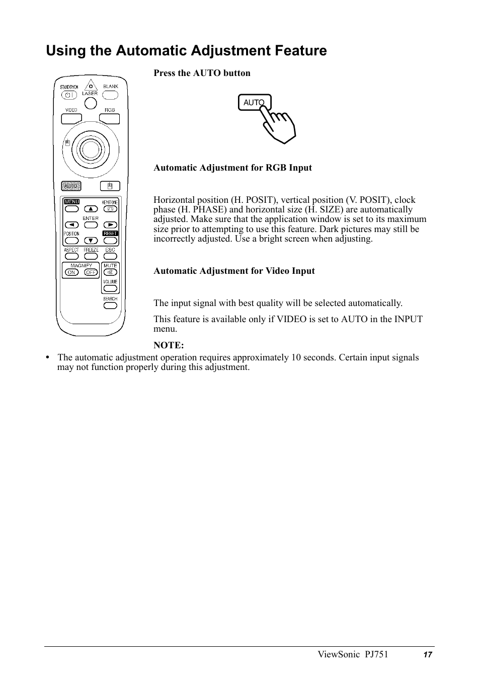 Using the automatic adjustment feature | VIEWSONIC PJ751 User Manual | Page 20 / 44