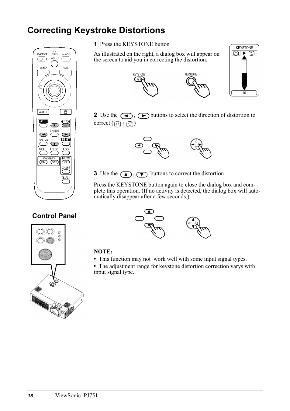 Correcting keystroke distortions | VIEWSONIC PJ751 User Manual | Page 21 / 44