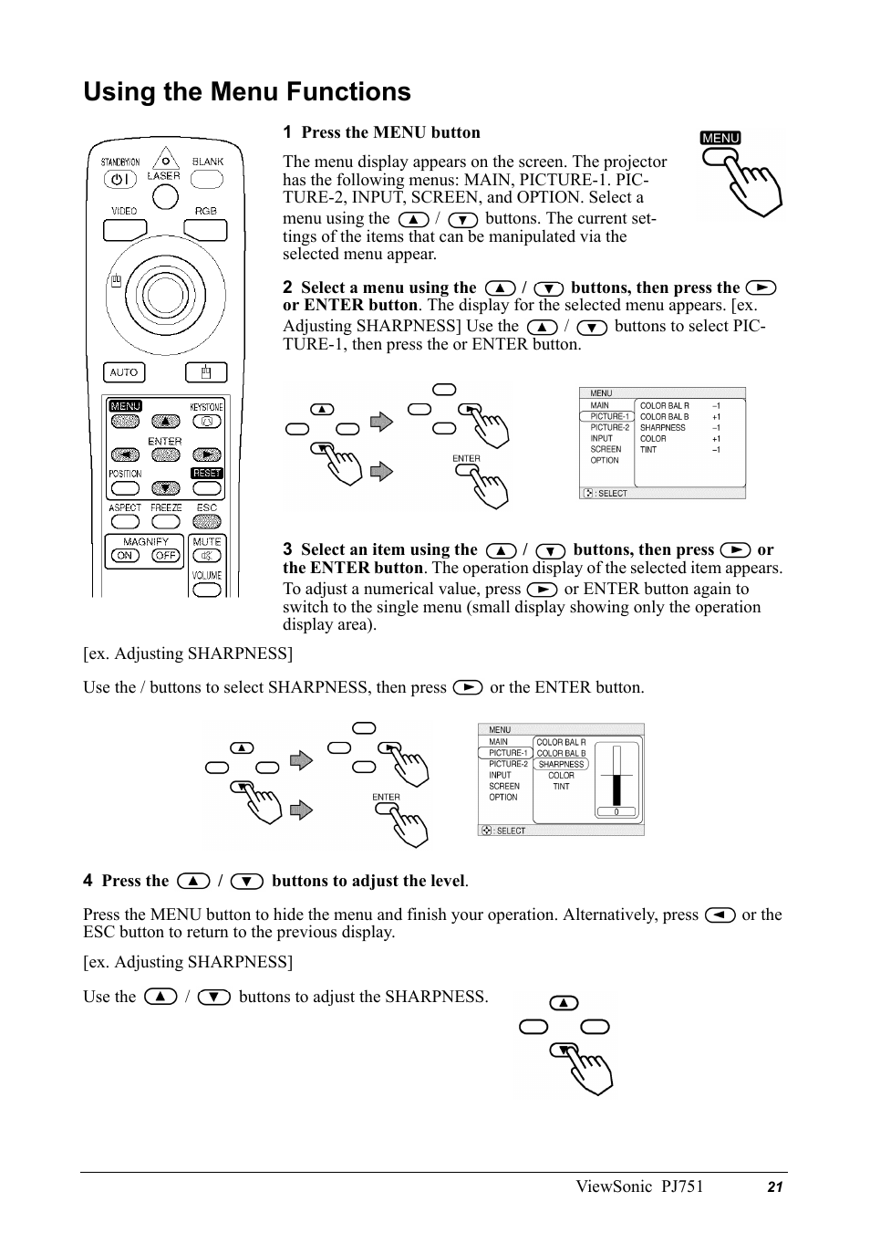 Using the menu functions | VIEWSONIC PJ751 User Manual | Page 24 / 44