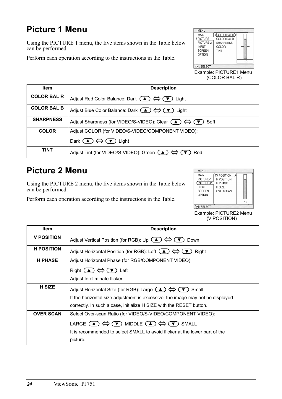 Picture 1 menu, Item, Description | Color bal r, Color bal b, Sharpness, Color, Tint, Picture 2 menu, V position | VIEWSONIC PJ751 User Manual | Page 27 / 44