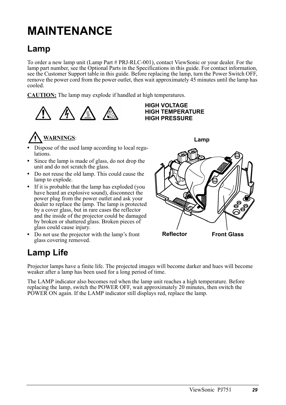 Maintenance, Lamp, Lamp life | Lamp lamp life | VIEWSONIC PJ751 User Manual | Page 32 / 44