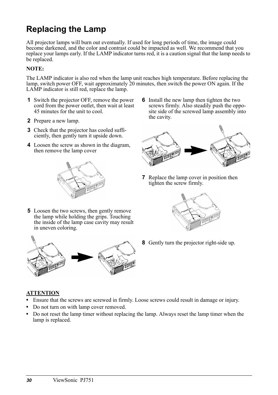 Replacing the lamp, 2 prepare a new lamp, 8 gently turn the projector right-side up | VIEWSONIC PJ751 User Manual | Page 33 / 44