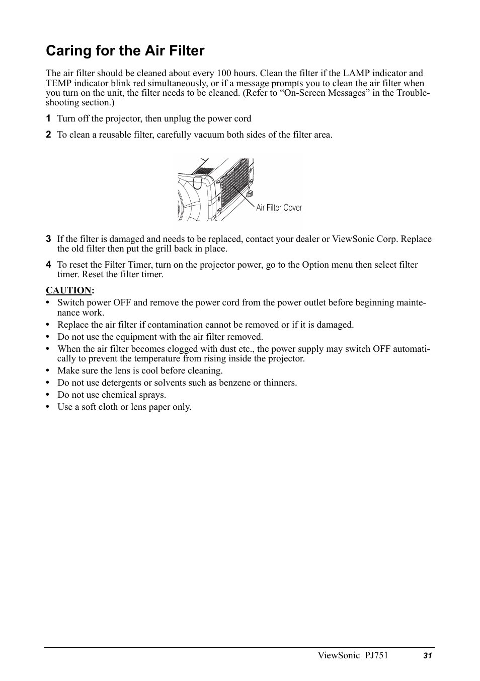 Caring for the air filter | VIEWSONIC PJ751 User Manual | Page 34 / 44