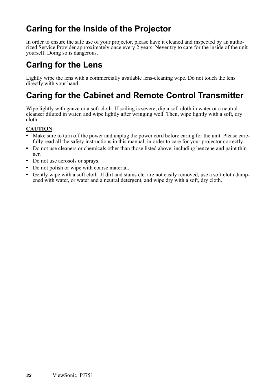 Caring for the inside of the projector, Caring for the lens | VIEWSONIC PJ751 User Manual | Page 35 / 44