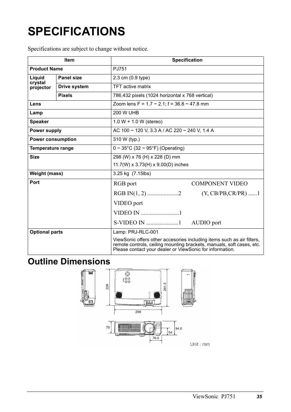 Specifications, Item, Specification | Outline dimensions | VIEWSONIC PJ751 User Manual | Page 38 / 44