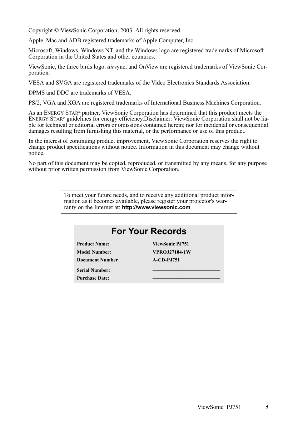 For your records | VIEWSONIC PJ751 User Manual | Page 4 / 44