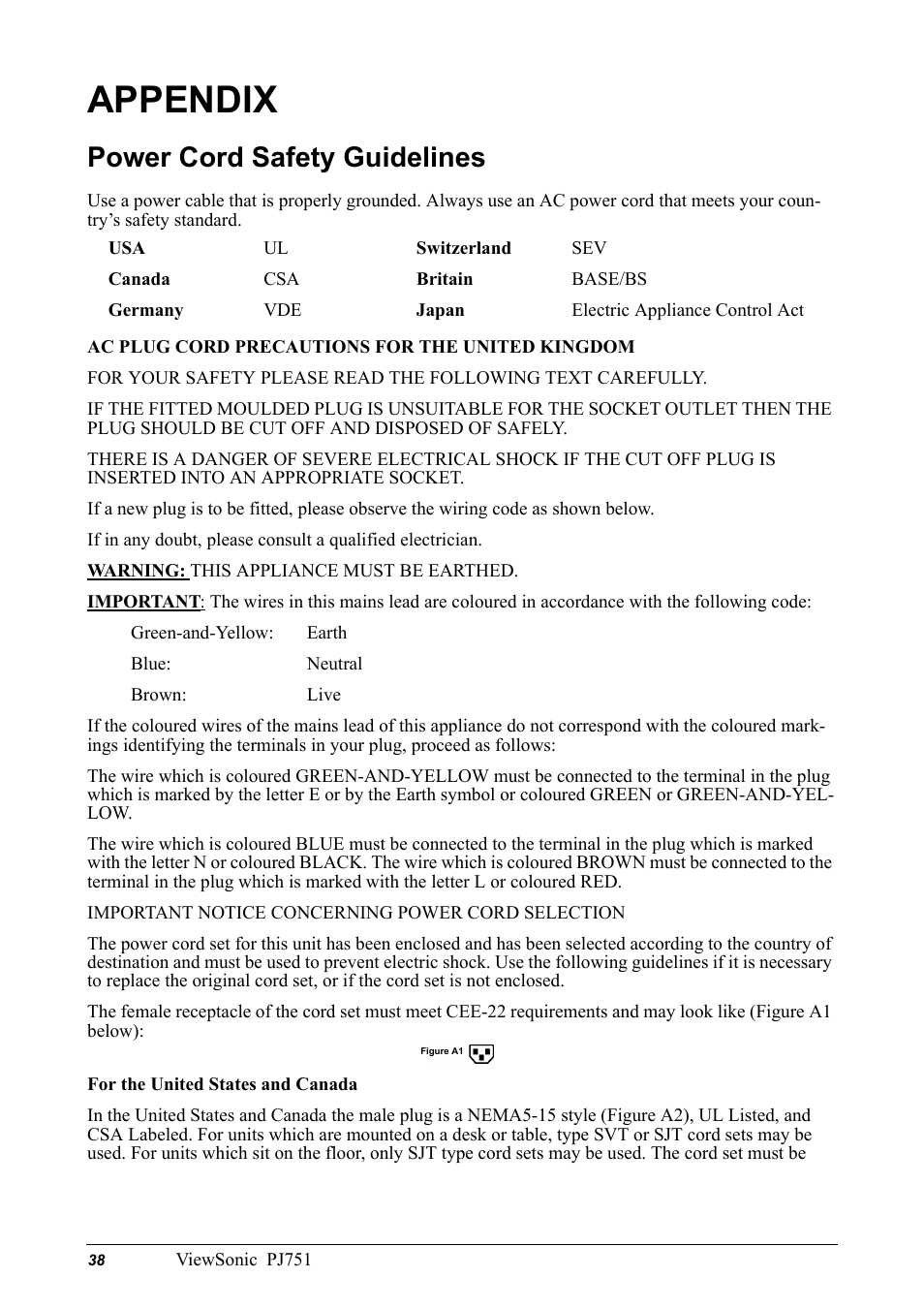 Appendix, Power cord safety guidelines | VIEWSONIC PJ751 User Manual | Page 41 / 44
