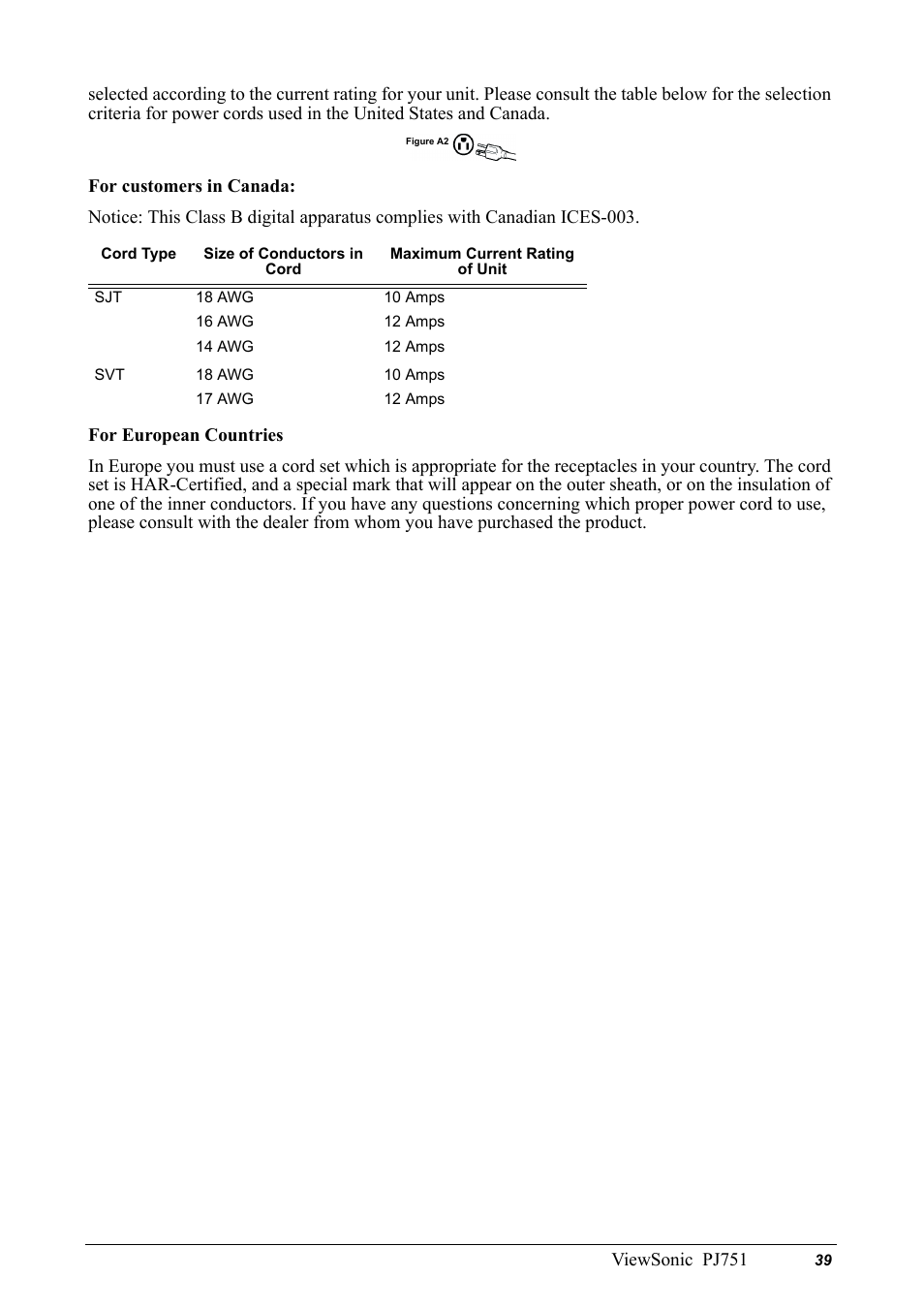 Cord type, Size of conductors in cord, Maximum current rating of unit | VIEWSONIC PJ751 User Manual | Page 42 / 44