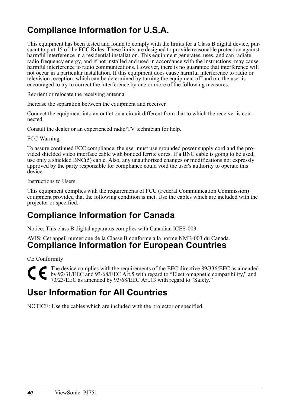 Compliance information for u.s.a, Compliance information for canada, Compliance information for european countries | User information for all countries | VIEWSONIC PJ751 User Manual | Page 43 / 44