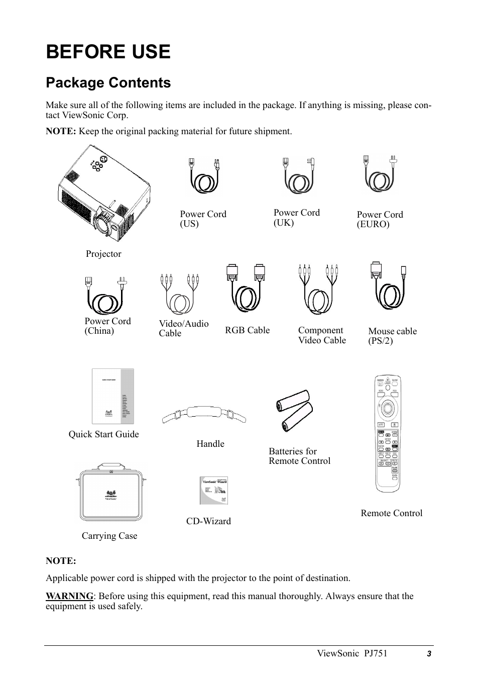 Before use, Package contents | VIEWSONIC PJ751 User Manual | Page 6 / 44