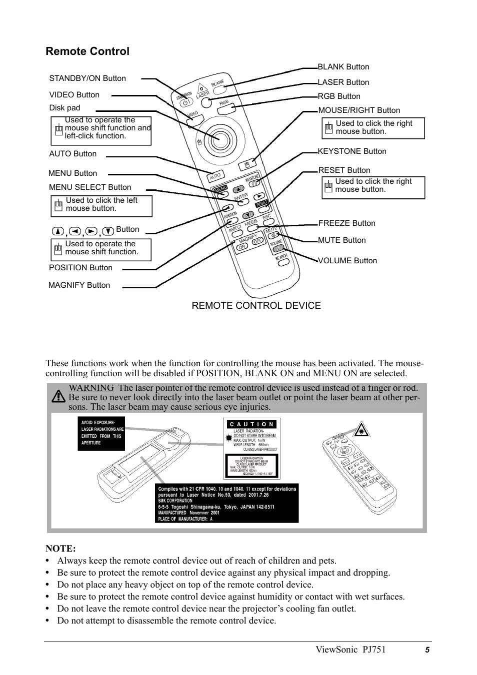 Remote control | VIEWSONIC PJ751 User Manual | Page 8 / 44