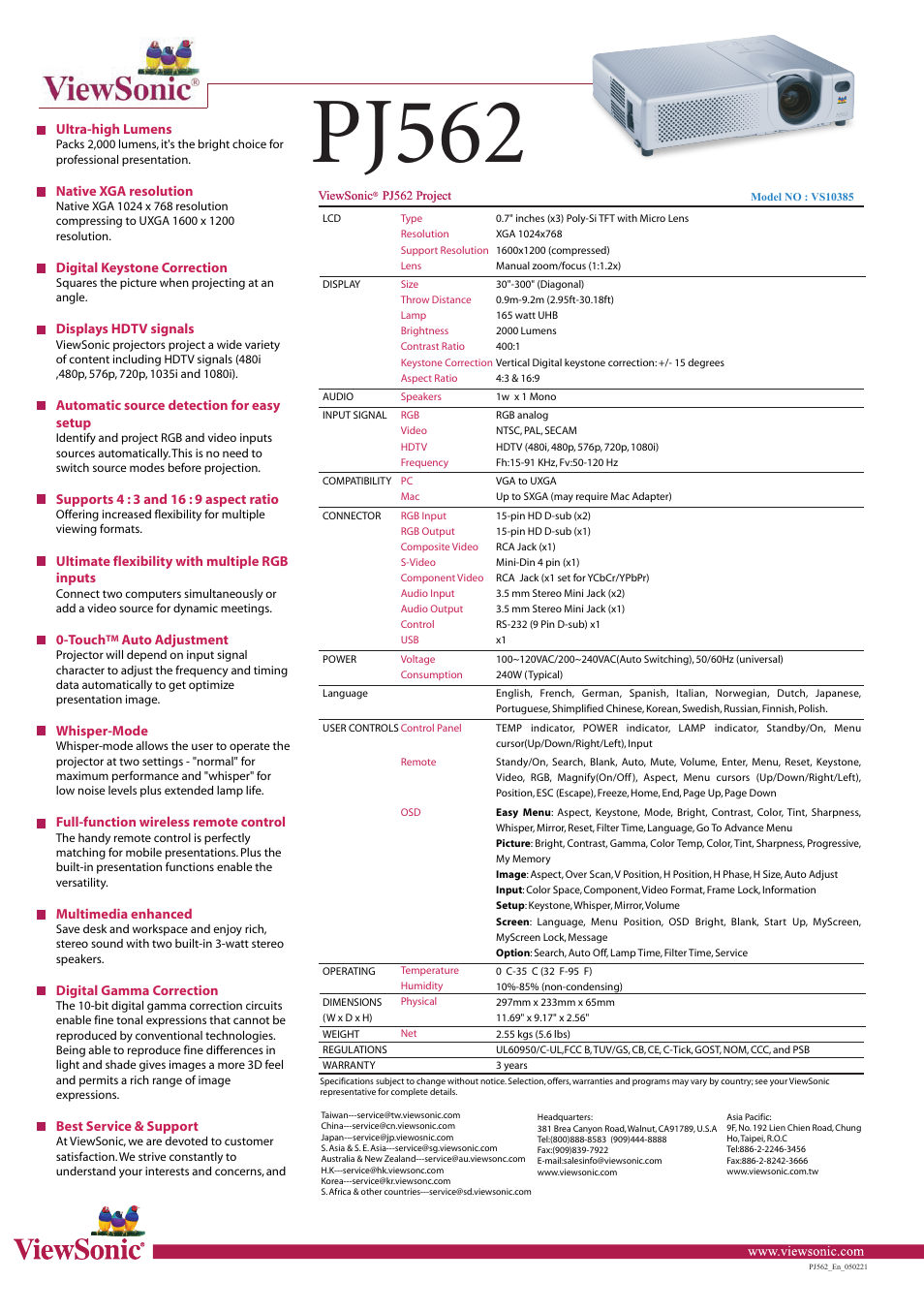 Pj562 | VIEWSONIC PJ562 User Manual | Page 2 / 2