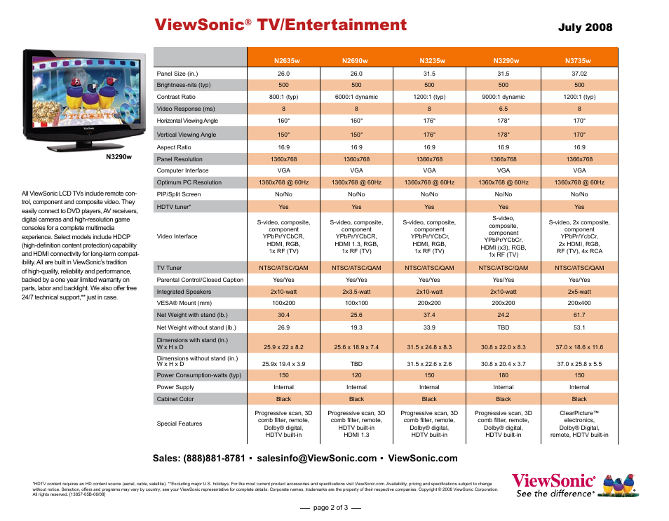 Viewsonic, Tv/entertainment, July 2008 | VIEWSONIC LCDTV User Manual | Page 2 / 3