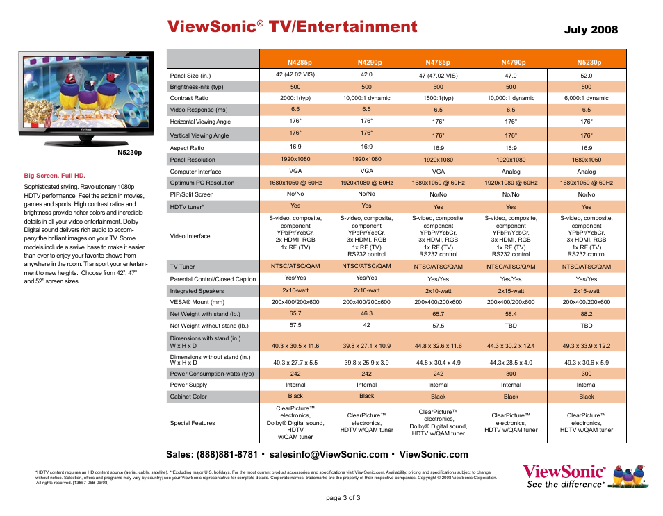 Viewsonic, Tv/entertainment, July 2008 | VIEWSONIC LCDTV User Manual | Page 3 / 3