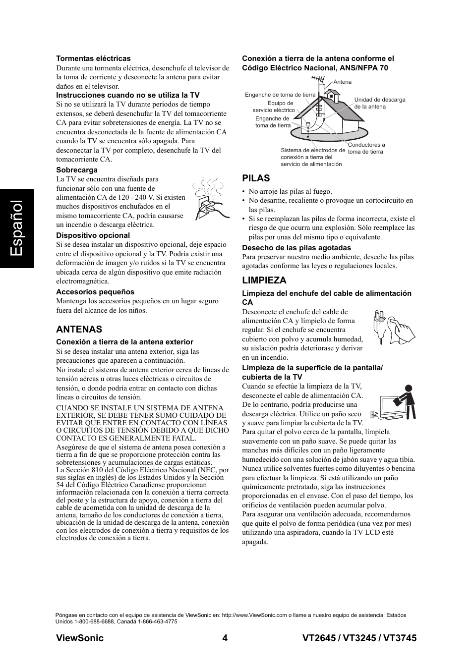 Antenas pilas limpieza, Esp añol, Antenas | Pilas, Limpieza | VIEWSONIC VT3745 User Manual | Page 10 / 55