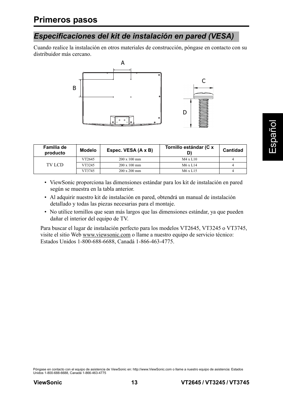 Esp añol, Primeros pasos | VIEWSONIC VT3745 User Manual | Page 19 / 55