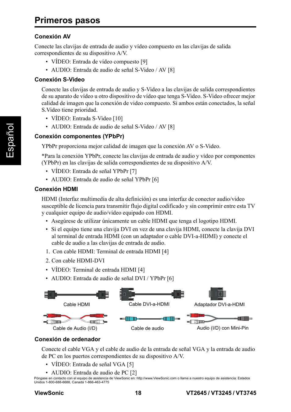 Esp añol, Primeros pasos | VIEWSONIC VT3745 User Manual | Page 24 / 55