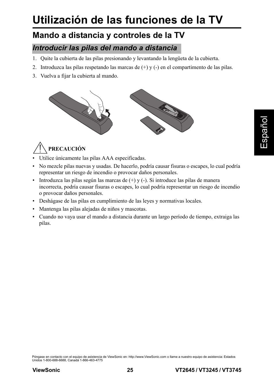 Mando a distancia y controles de la tv, Introducir las pilas del mando a distancia, Utilización de las funciones de la tv | Esp añol | VIEWSONIC VT3745 User Manual | Page 31 / 55