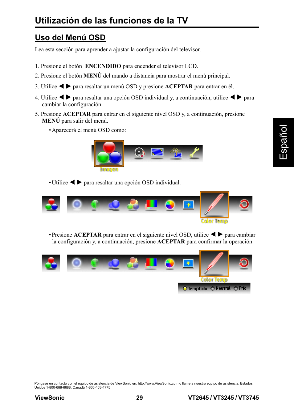 Esp añol, Utilización de las funciones de la tv, Uso del menú osd | VIEWSONIC VT3745 User Manual | Page 35 / 55