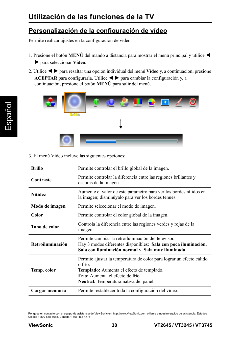 Esp añol, Utilización de las funciones de la tv, Personalización de la configuración de vídeo | VIEWSONIC VT3745 User Manual | Page 36 / 55