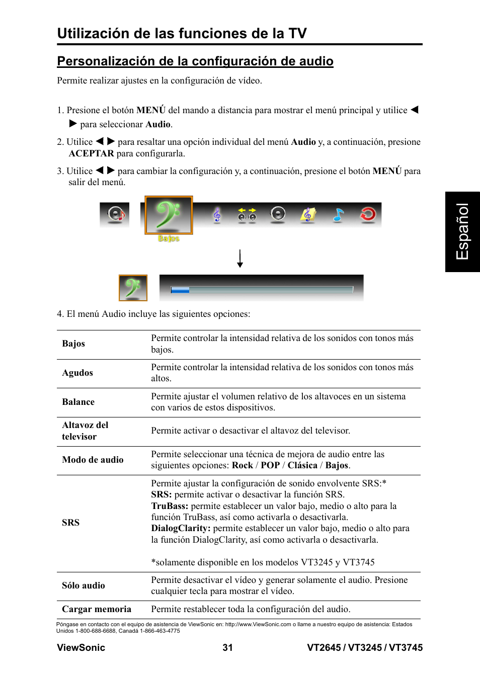 Esp añol, Utilización de las funciones de la tv, Personalización de la configuración de audio | VIEWSONIC VT3745 User Manual | Page 37 / 55