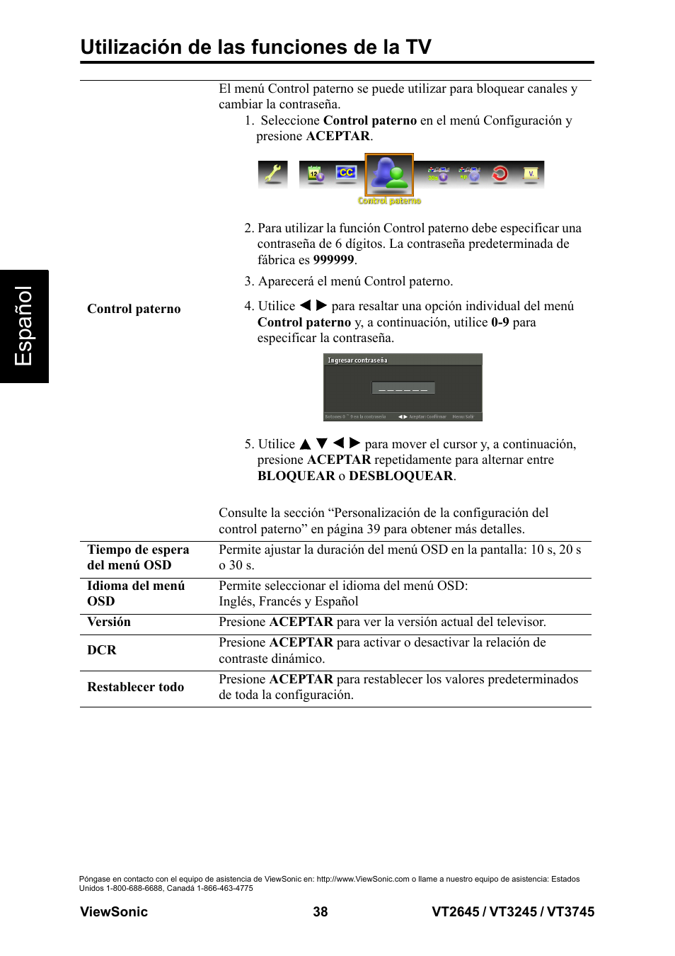 Esp añol, Utilización de las funciones de la tv | VIEWSONIC VT3745 User Manual | Page 44 / 55