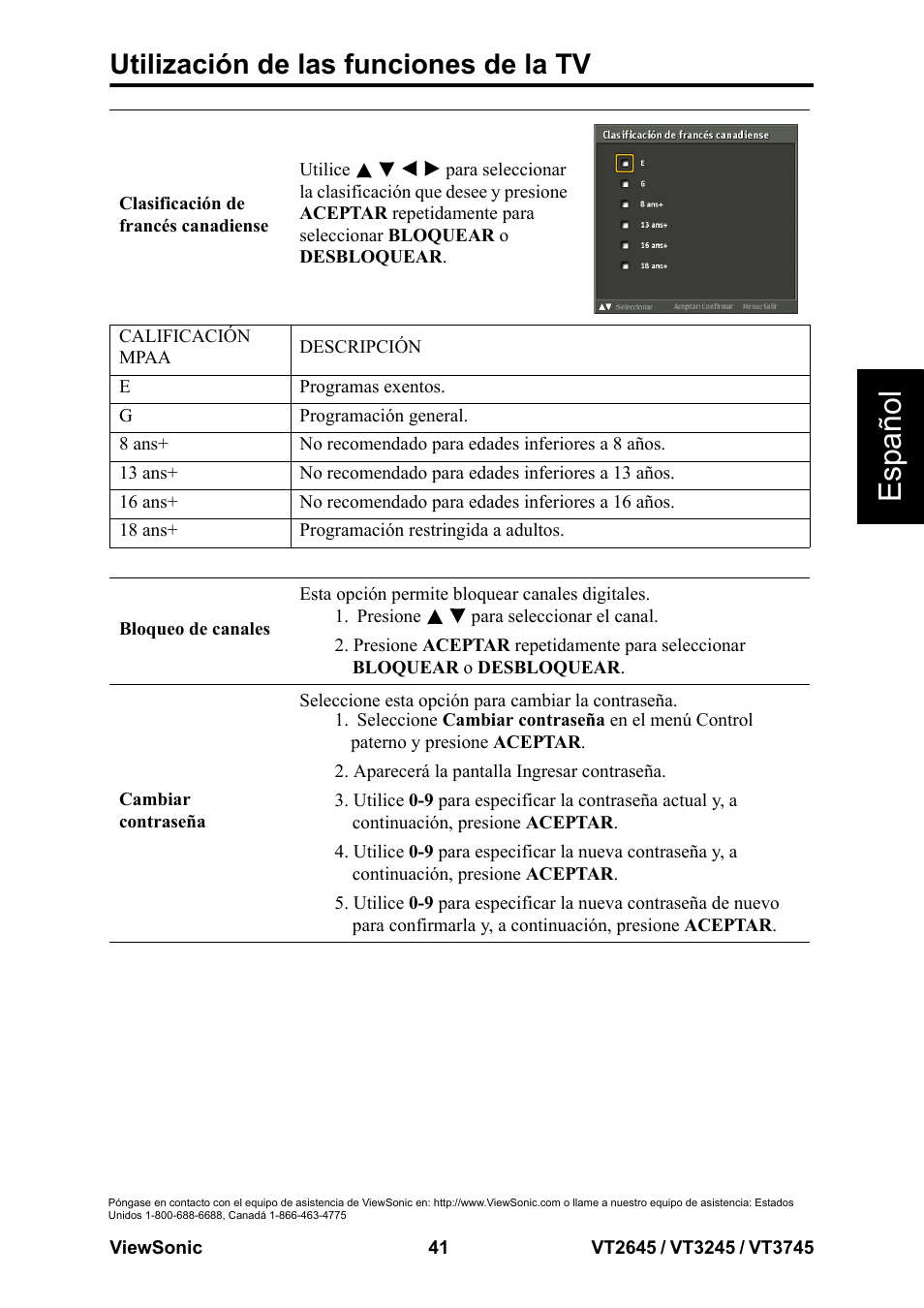 Esp añol, Utilización de las funciones de la tv | VIEWSONIC VT3745 User Manual | Page 47 / 55