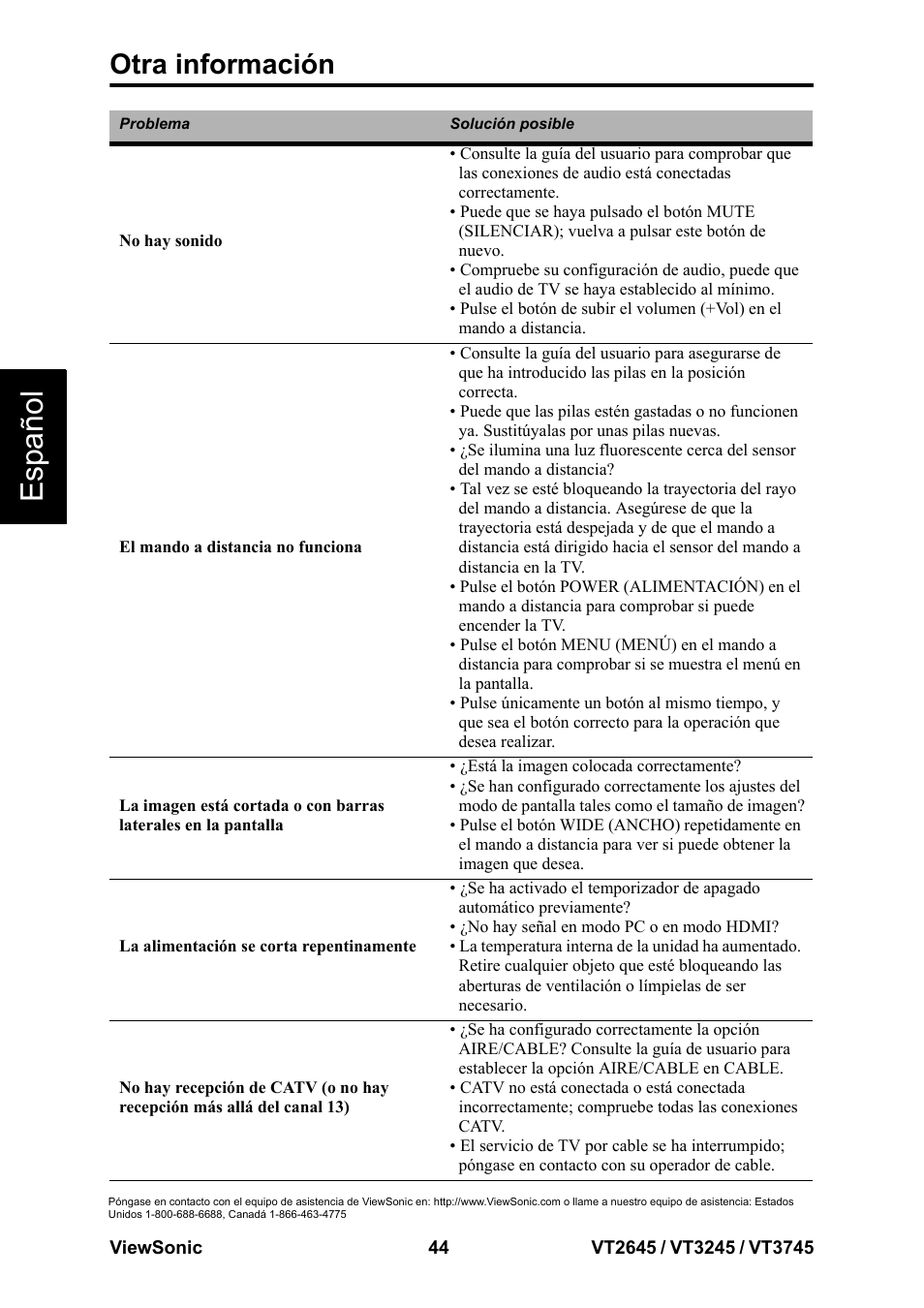 Esp añol, Otra información | VIEWSONIC VT3745 User Manual | Page 50 / 55