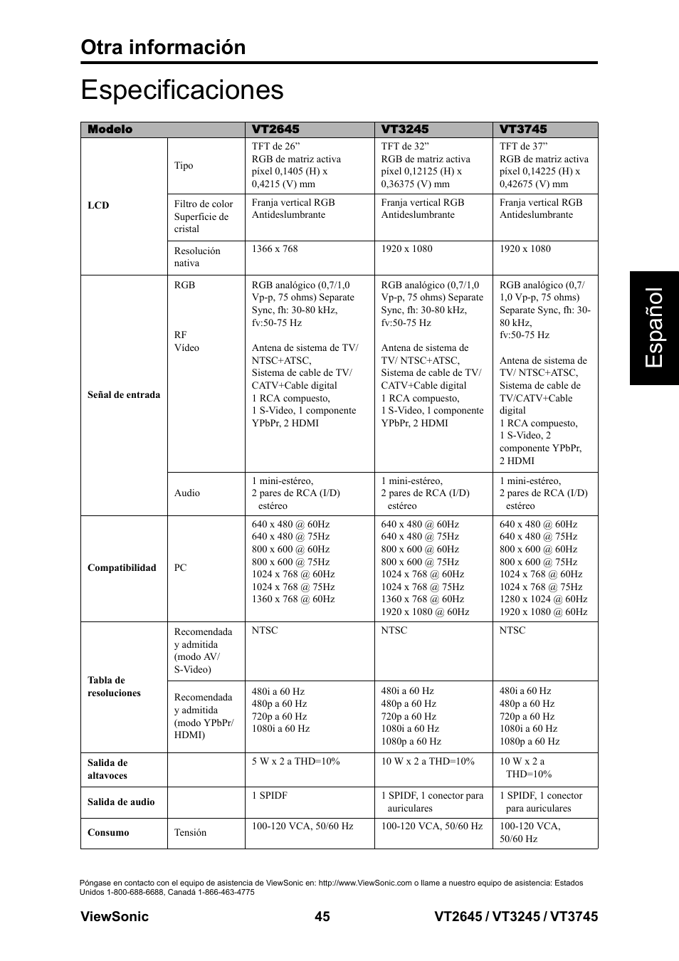 Especificaciones, Esp añol, Otra información | VIEWSONIC VT3745 User Manual | Page 51 / 55