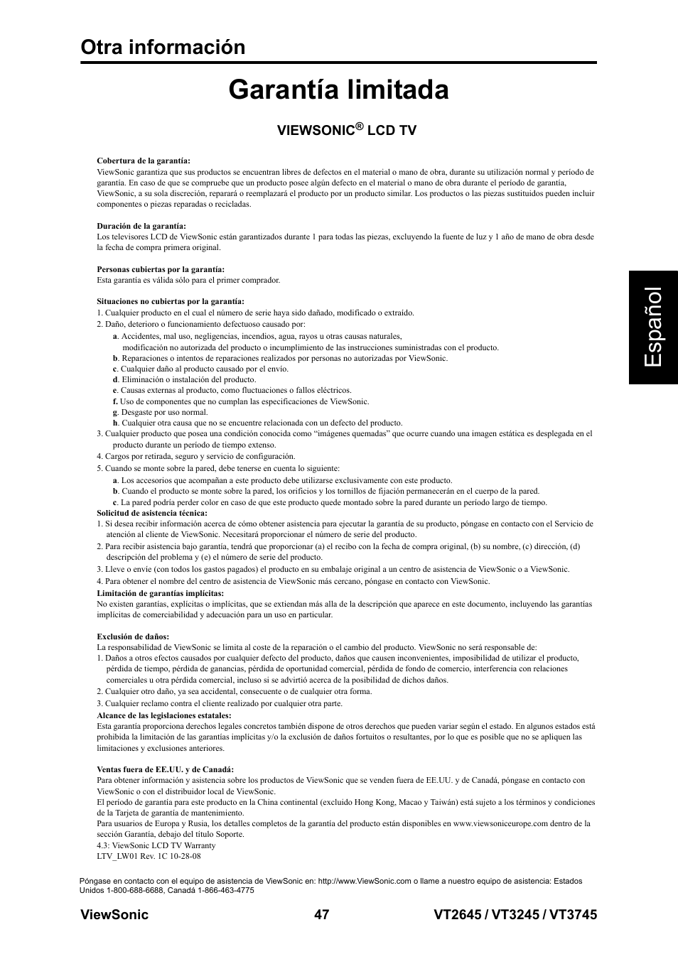 Garantía limitada, Esp añol, Otra información | VIEWSONIC VT3745 User Manual | Page 53 / 55