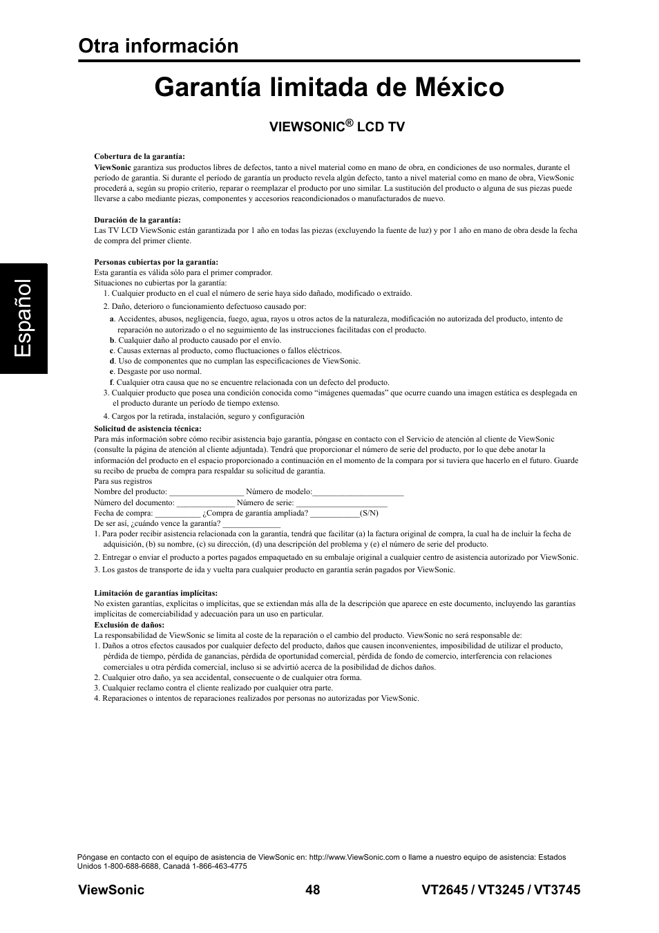 Garantía limitada de méxico, Esp añol, Otra información | VIEWSONIC VT3745 User Manual | Page 54 / 55