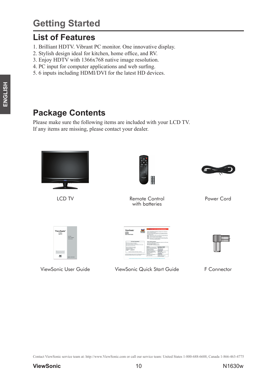 List of features, Package contents, Getting started | VIEWSONIC VS12114-1M User Manual | Page 15 / 48