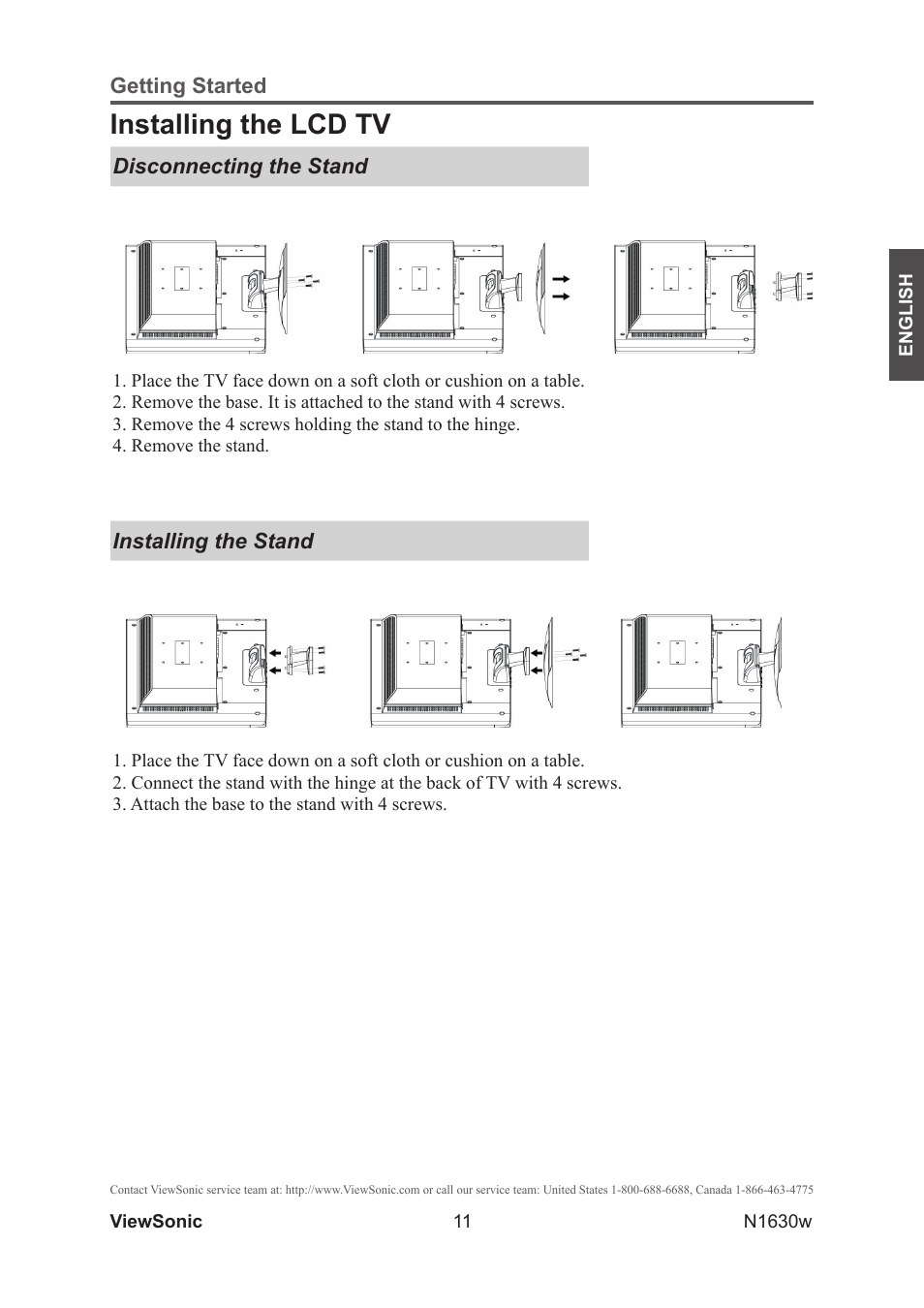 Installing the lcd tv, Disconnecting the stand, Installing the stand | VIEWSONIC VS12114-1M User Manual | Page 16 / 48