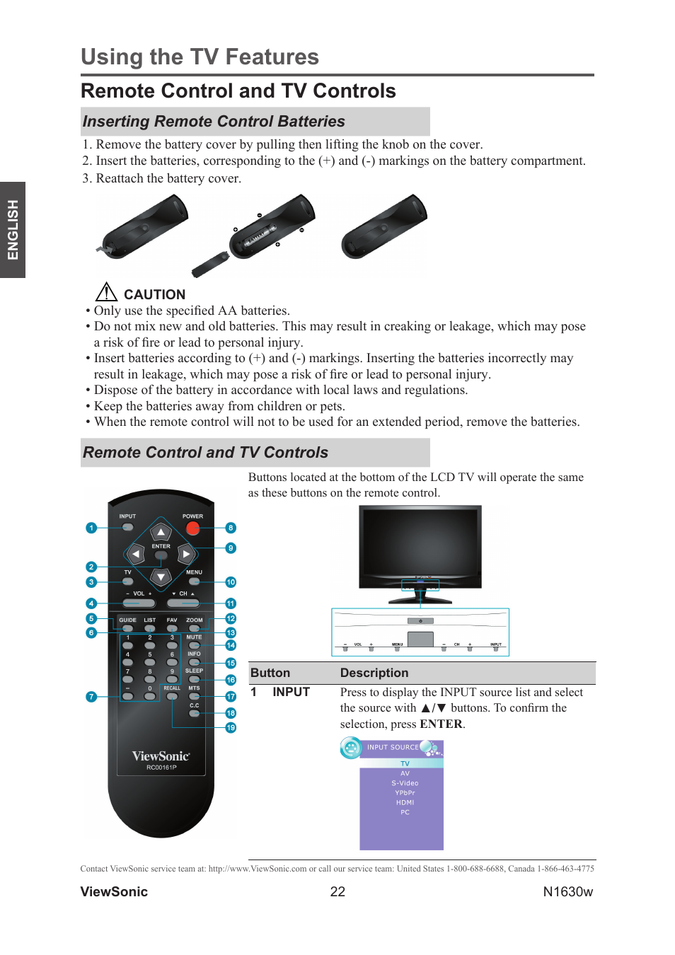 Remote control and tv controls, Inserting remote control batteries, Using the tv features | VIEWSONIC VS12114-1M User Manual | Page 27 / 48