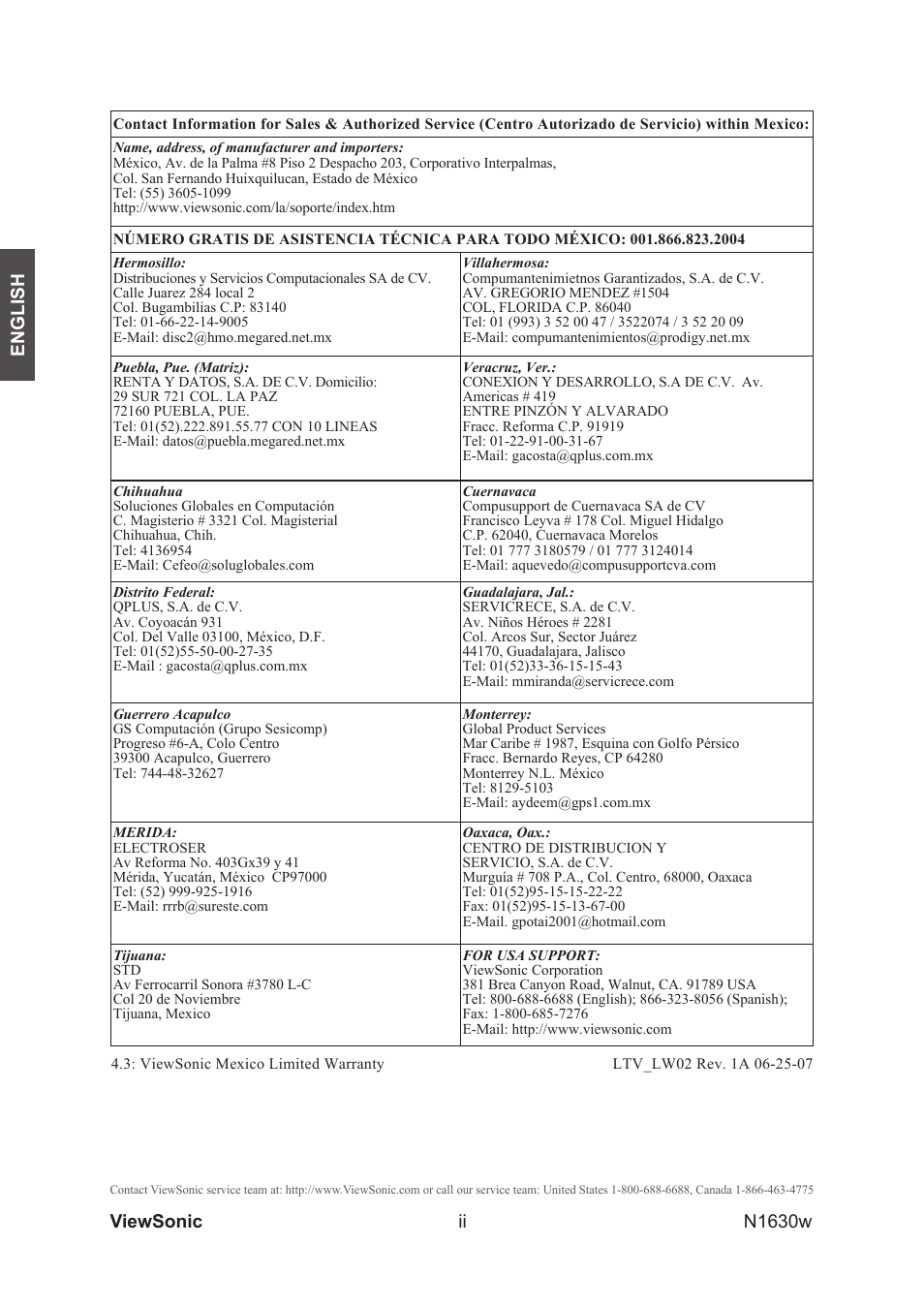English, Viewsonic n1630w | VIEWSONIC VS12114-1M User Manual | Page 3 / 48