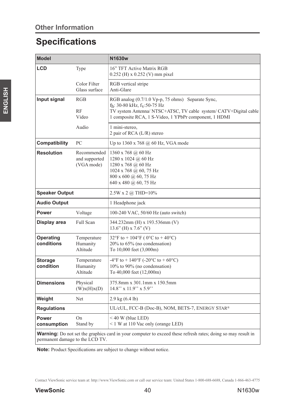 Speciﬁcations, Other information | VIEWSONIC VS12114-1M User Manual | Page 45 / 48