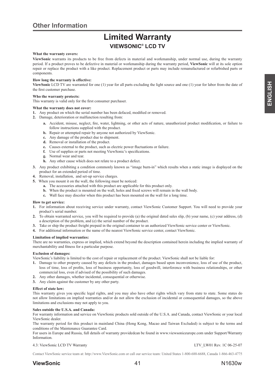 Limited warranty, Other information, Viewsonic | Lcd tv | VIEWSONIC VS12114-1M User Manual | Page 46 / 48