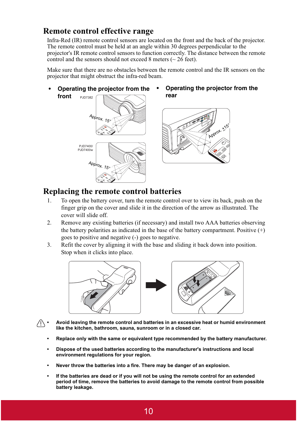 Remote control effective range, Replacing the remote control batteries | VIEWSONIC DLP PROJECTOR PJD7400 User Manual | Page 15 / 82