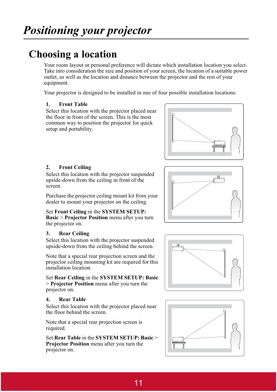Positioning your projector, Choosing a location | VIEWSONIC DLP PROJECTOR PJD7400 User Manual | Page 16 / 82