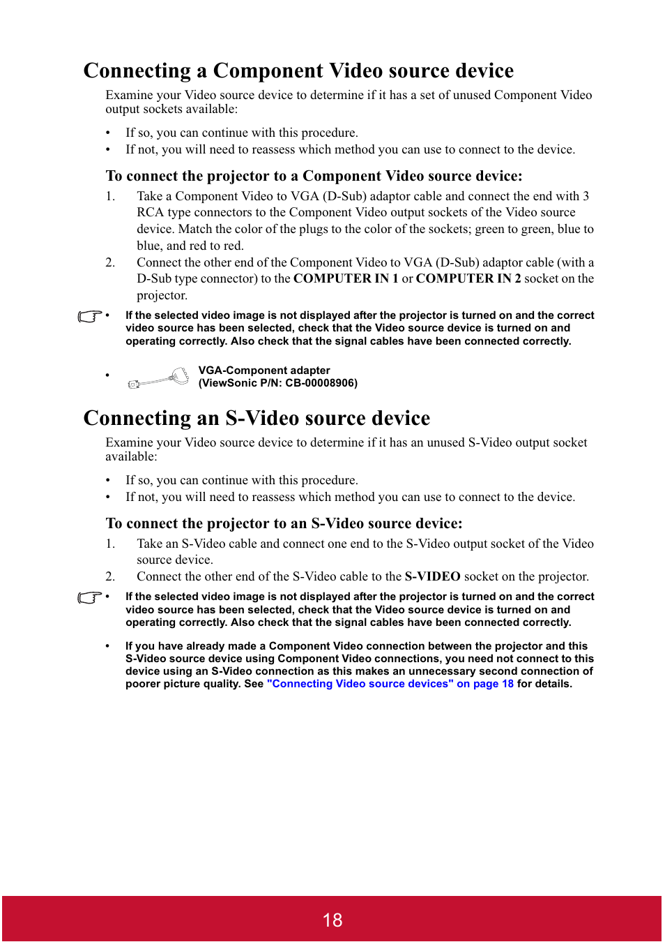 Connecting a component video source device, Connecting an s-video source device | VIEWSONIC DLP PROJECTOR PJD7400 User Manual | Page 23 / 82