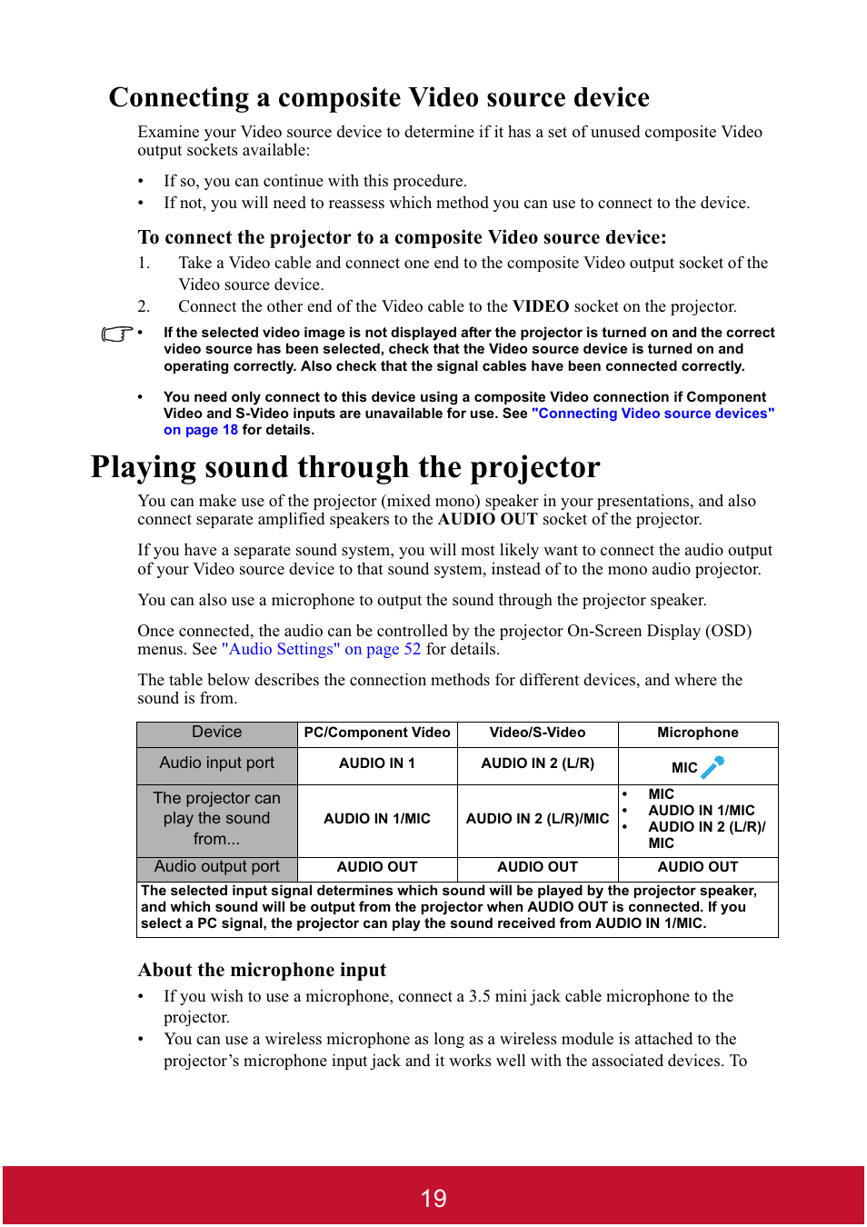 Playing sound through the projector, Connecting a composite video source device, About the microphone input | VIEWSONIC DLP PROJECTOR PJD7400 User Manual | Page 24 / 82
